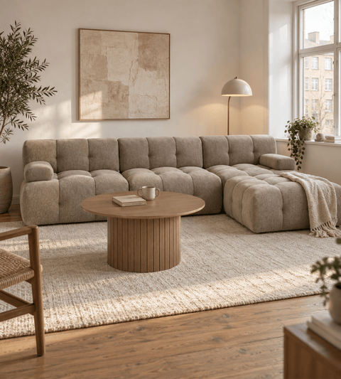 Lilie - modulsofa i sand med 3 moduler højre- og venstrevendt chaiselong - L: 285 x D: 190 x H: 64 cm