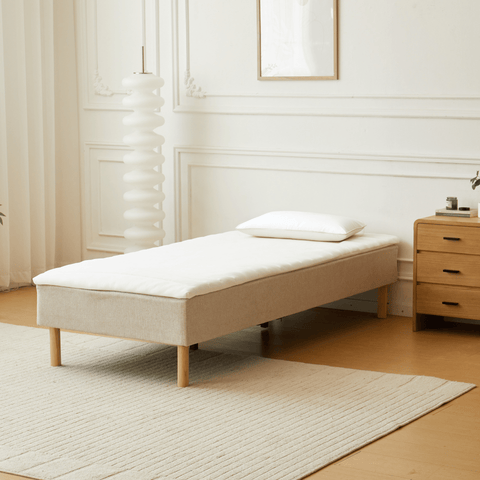 Boxmadras seng i beige 90x200 cm med 4 cm topmadras i PU-skum ekskl. ben
