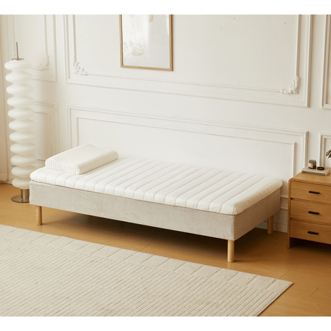 Premium boxmadras seng i beige med 90x200 cm med 7 cm topmadras i memoryskum ekskl. ben