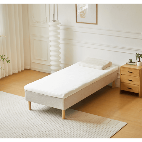 Premium boxmadras seng i beige med 90x200 cm med 7 cm topmadras i memoryskum ekskl. ben