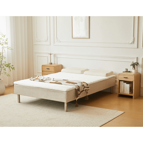 Boxmadras seng i beige 140x200 cm med 4 cm topmadras i PU-skum ekskl. ben