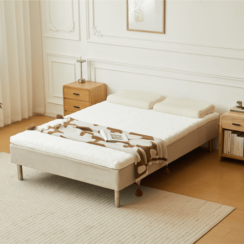 Premium boxmadras seng i beige 140x200 cm med 7 cm topmadras i memoryskum ekskl. ben