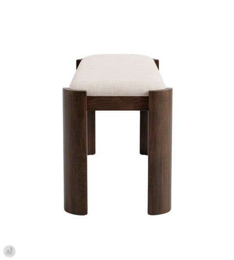 Bænk i mørk eg med beige polstret sæde set fra siden