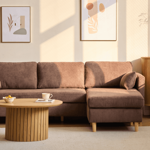 Ellis - Højrevendt og venstrevendt vendbar chaiselong sofa brun fløjl - L: 215 x D: 82 x H: 78 cm