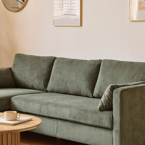 Ellis - Højrevendt og venstrevendt vendbar chaiselong sofa grøn fløjl - L: 215 x D: 82 x H: 78 cm