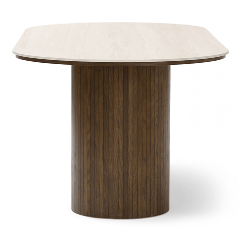 Enzo ovalt spisebord med stenbordplade i beige og lamelfod i røget eg 220x100x76 cm