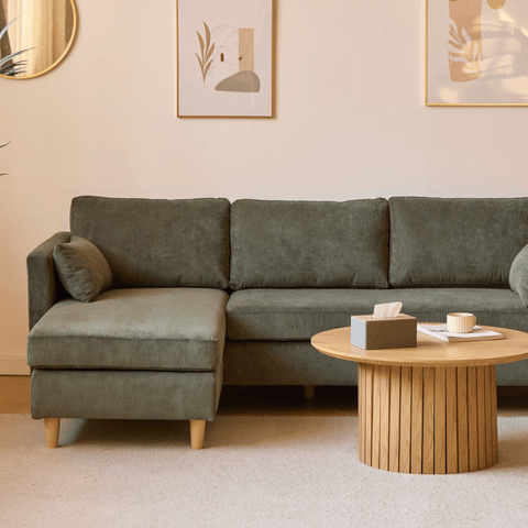 Ellis - Højrevendt og venstrevendt vendbar chaiselong sofa grøn fløjl - L: 215 x D: 82 x H: 78 cm
