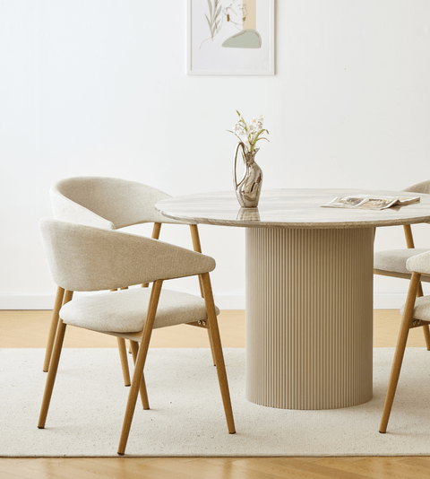 Martina rundt spisebord beige marmorlook med søjleben Ø120 cm