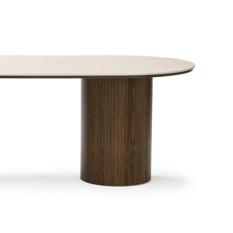 Enzo ovalt spisebord med stenbordplade i beige og lamelfod i røget eg 220x100x76 cm