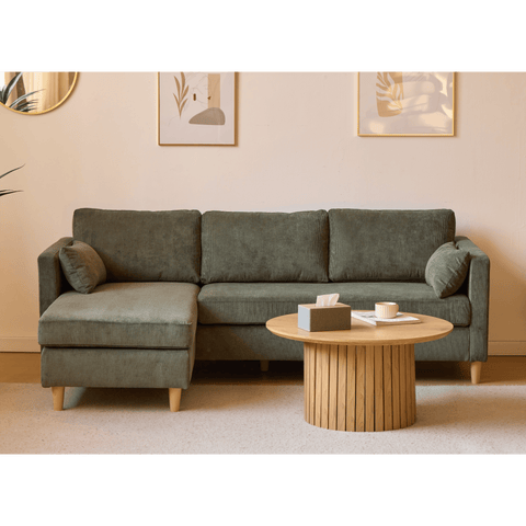 Ellis - Højrevendt og venstrevendt vendbar chaiselong sofa grøn fløjl - L: 215 x D: 82 x H: 78 cm