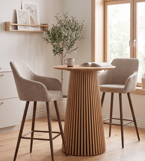Jenna barstol - sand tekstil med armlæn 65 cm med røget egelook