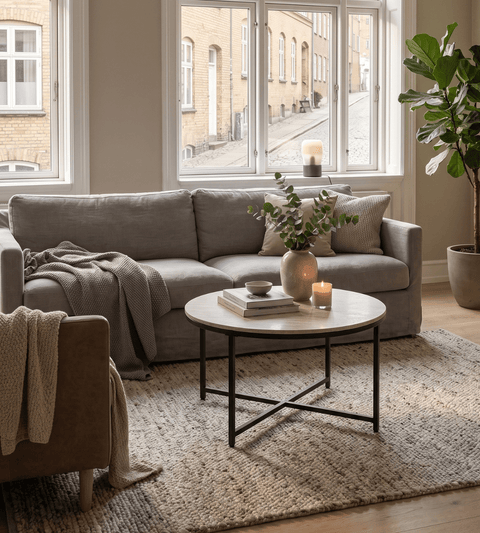 Ashley sofabord Ø80 cm i travertinlook med sort krydsben