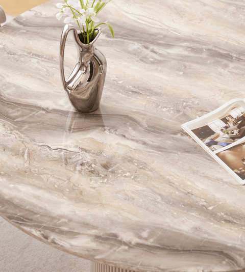 Martina rundt spisebord beige marmorlook med søjleben Ø120 cm