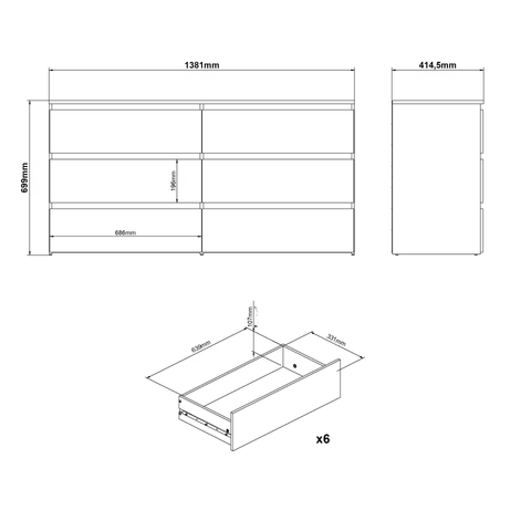 Maise kommode H:70 x B:138 x B:41 cm med 6 skuffer i hvid