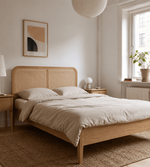 Jamie sengeramme i eg med sengegavl i rattan flet 140x200 cm