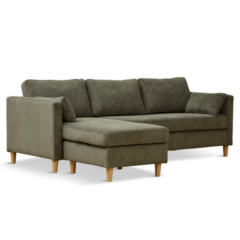 Ellis - Højrevendt og venstrevendt vendbar chaiselong sofa grøn fløjl - L: 215 x D: 82 x H: 78 cm
