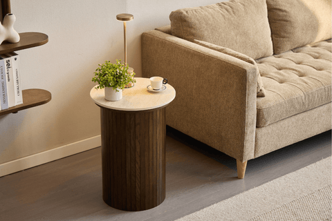 Enzo sidebord i stenbordplade med røget eg lamelfod Ø40 cm