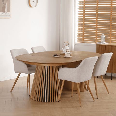 Spisebordssæt - Lewis lamel spisebord Ø120 cm med udtræk i egefiner + 6 x Jenna spisebordsstole i beige