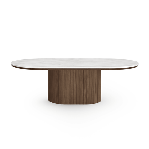 Bobby - Oval sofabord med lys beige stenbordplade og fod i røget eg 120x55x45 cm