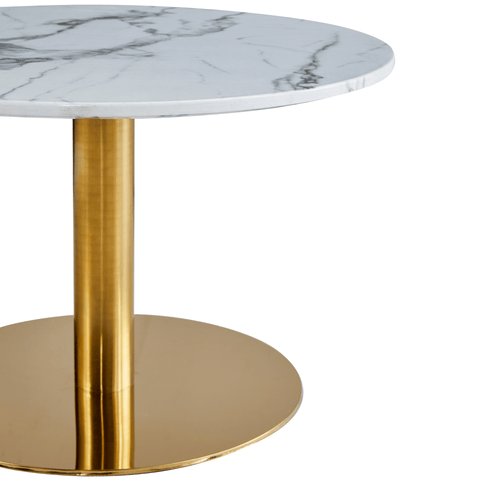 Lazio rundt sofabord i hvid marmor look med guld/messing ben Ø70 cm