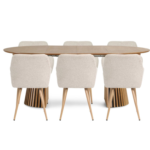 Spisebordssæt - Lewis lamel spisebord Ø120 cm med udtræk i egefiner + 6 x Jenna spisebordsstole i beige